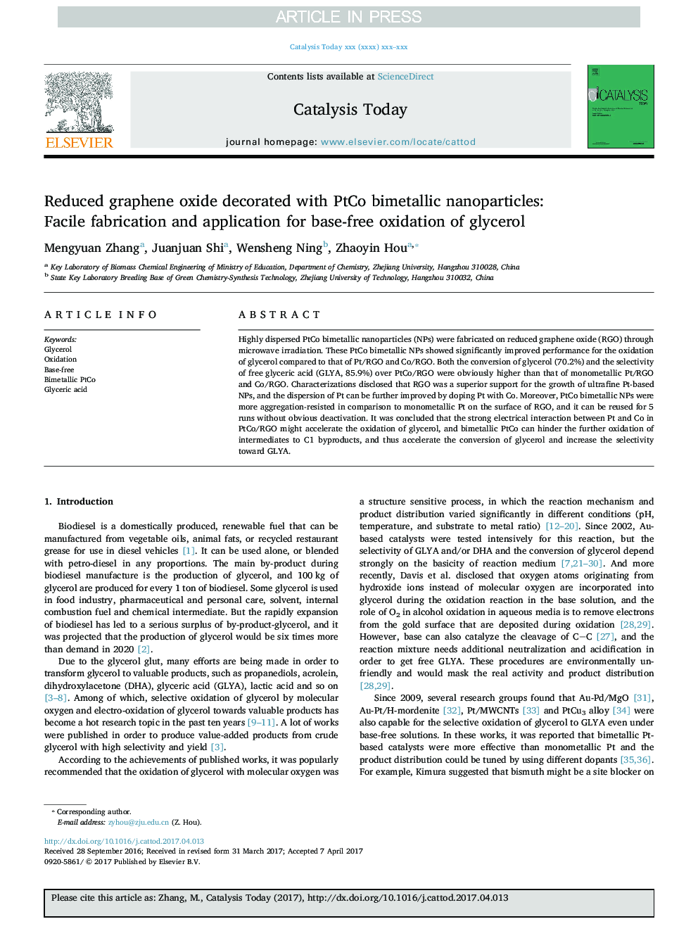 Reduced graphene oxide decorated with PtCo bimetallic nanoparticles: Facile fabrication and application for base-free oxidation of glycerol