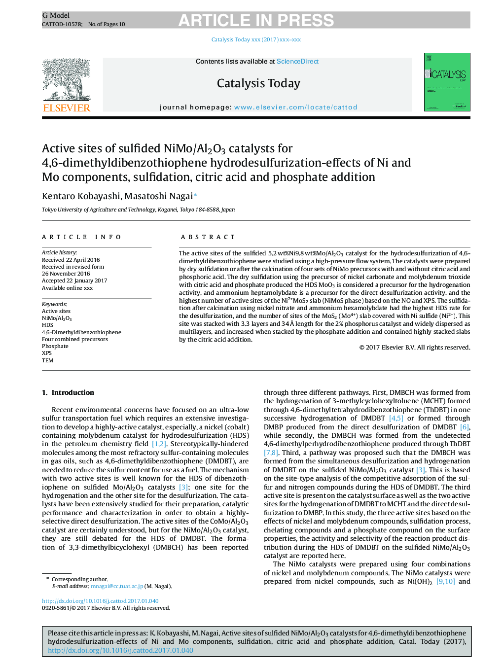 Active sites of sulfided NiMo/Al2O3 catalysts for 4,6-dimethyldibenzothiophene hydrodesulfurization-effects of Ni and Mo components, sulfidation, citric acid and phosphate addition