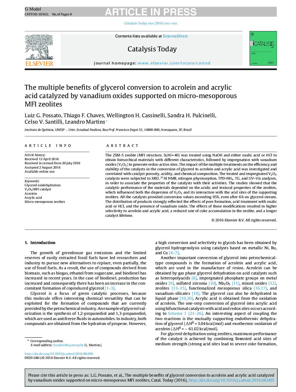 The multiple benefits of glycerol conversion to acrolein and acrylic acid catalyzed by vanadium oxides supported on micro-mesoporous MFI zeolites