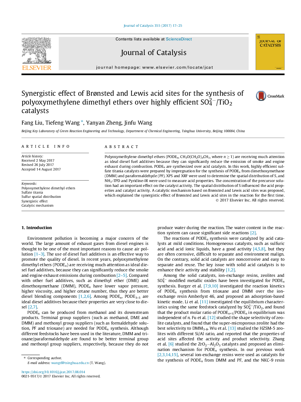 Synergistic effect of BrÃ¸nsted and Lewis acid sites for the synthesis of polyoxymethylene dimethyl ethers over highly efficient SO42â/TiO2 catalysts