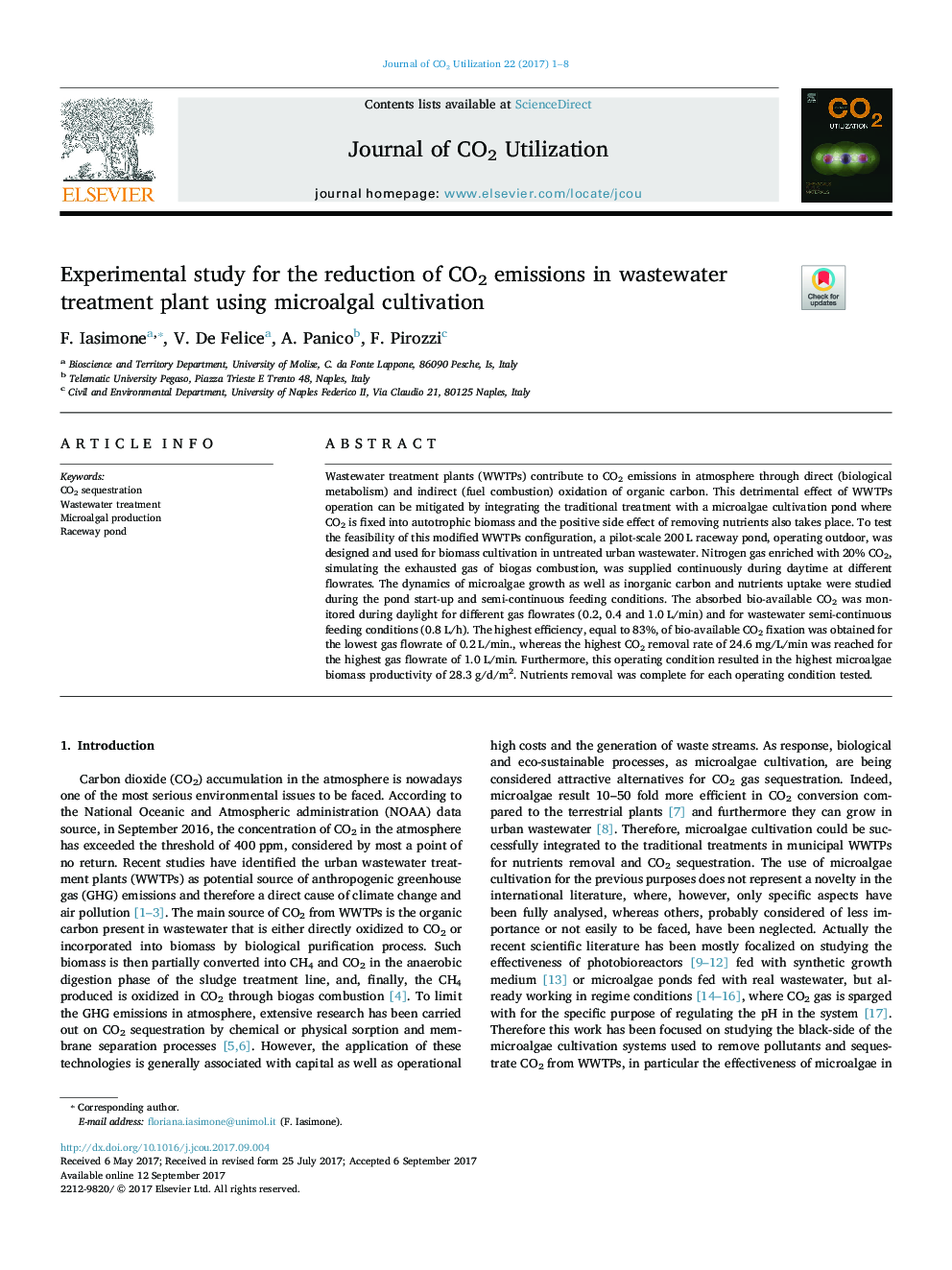 Experimental study for the reduction of CO2 emissions in wastewater treatment plant using microalgal cultivation