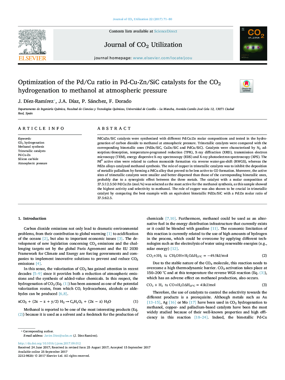 Optimization of the Pd/Cu ratio in Pd-Cu-Zn/SiC catalysts for the CO2 hydrogenation to methanol at atmospheric pressure