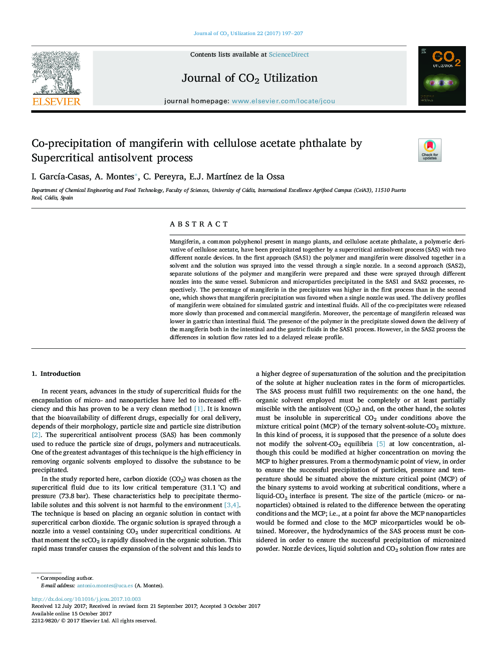 Co-precipitation of mangiferin with cellulose acetate phthalate by Supercritical antisolvent process