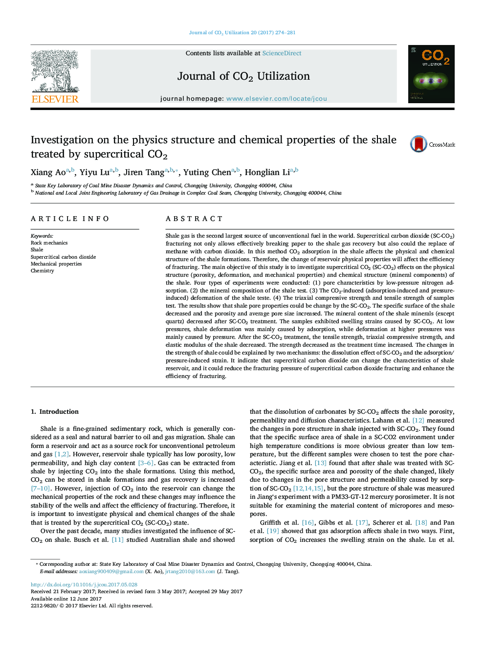 Investigation on the physics structure and chemical properties of the shale treated by supercritical CO2