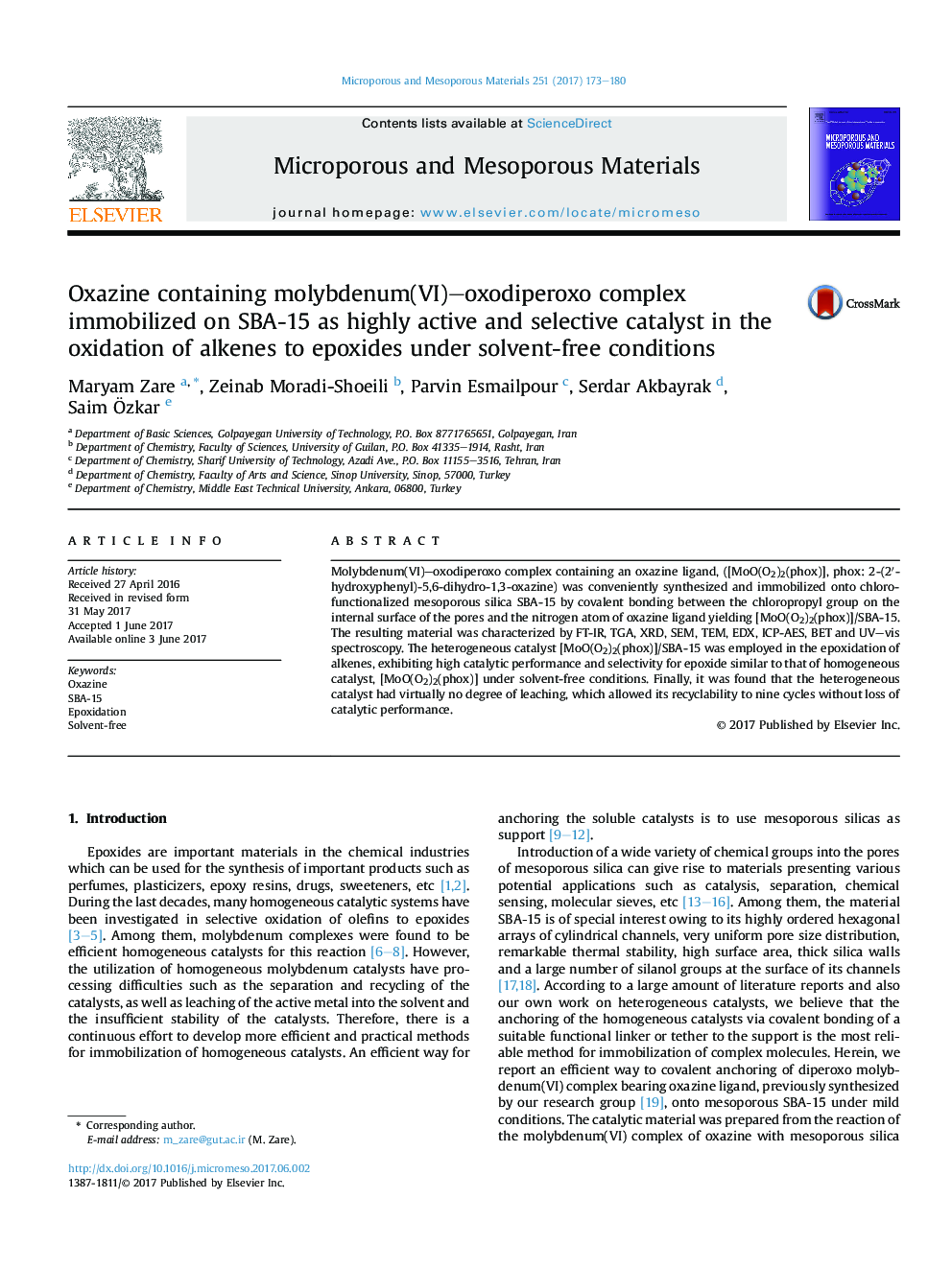 Oxazine containing molybdenum(VI)-oxodiperoxo complex immobilized on SBA-15 as highly active and selective catalyst in the oxidation of alkenes to epoxides under solvent-free conditions