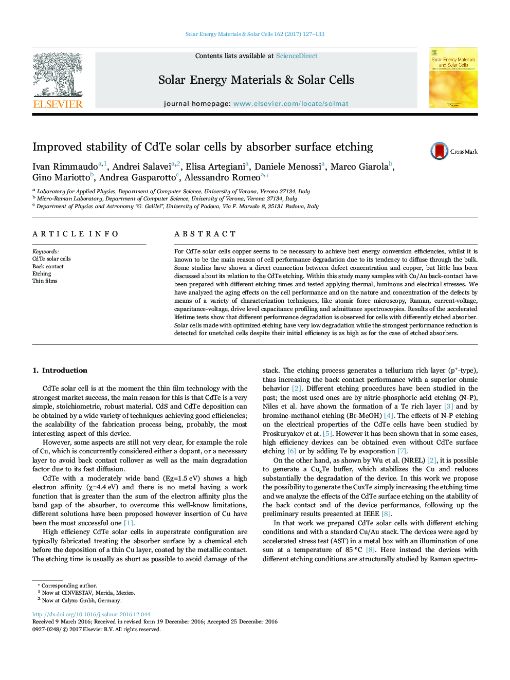 Improved stability of CdTe solar cells by absorber surface etching