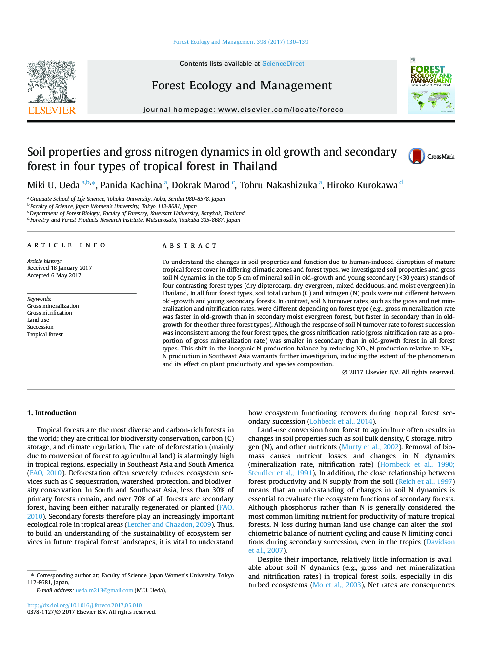 خواص خاک و دینامیک نیتروژن ناخالص در رشد و جنگل ثانویه در چهار نوع جنگل گرمسیری در تایلند 