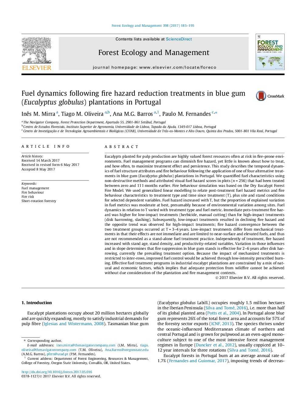 Fuel dynamics following fire hazard reduction treatments in blue gum (Eucalyptus globulus) plantations in Portugal