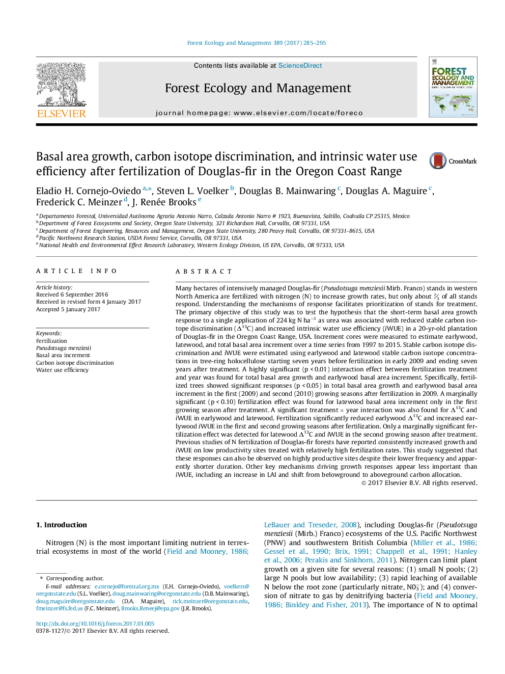 Basal area growth, carbon isotope discrimination, and intrinsic water use efficiency after fertilization of Douglas-fir in the Oregon Coast Range