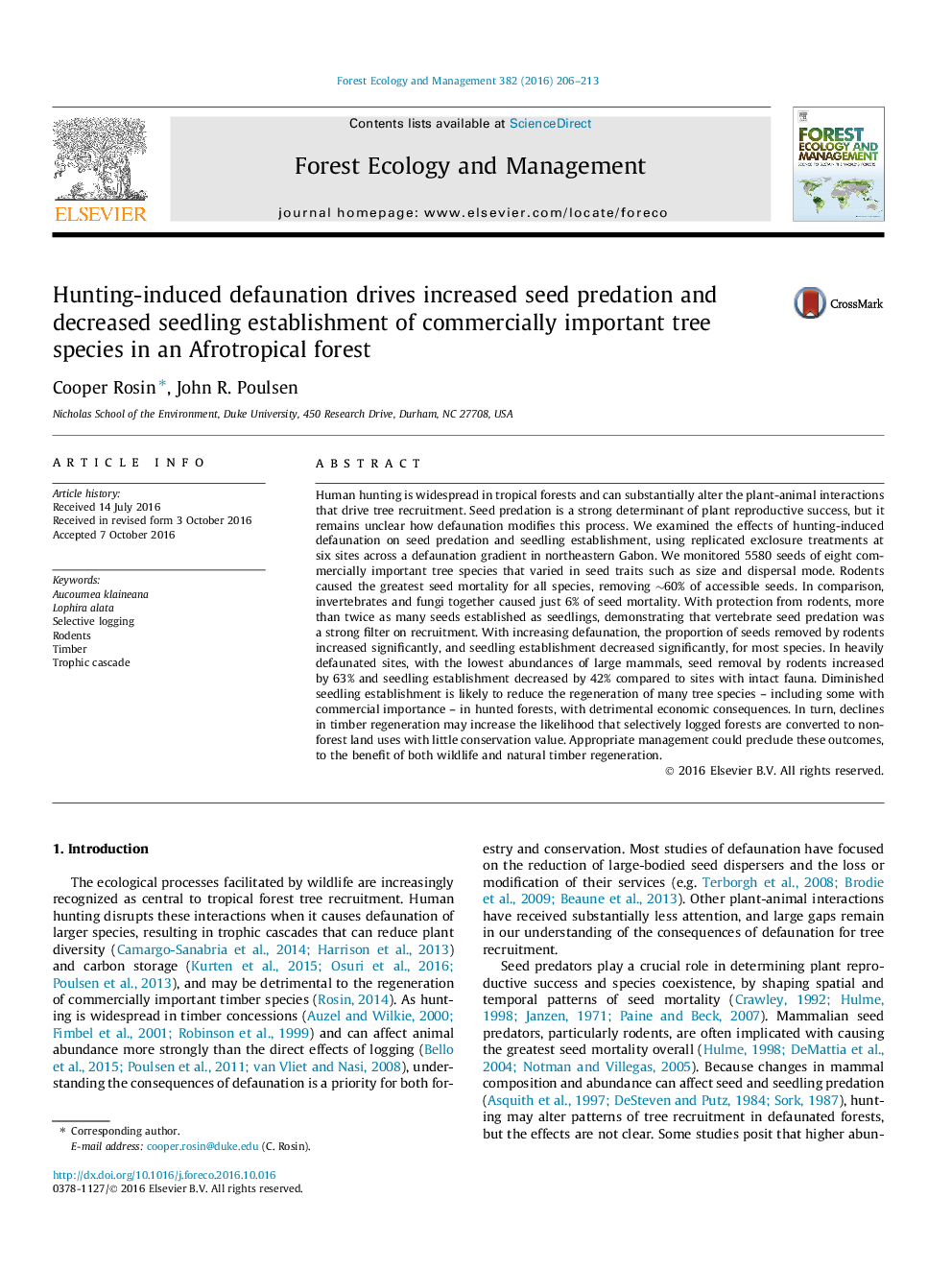 Hunting-induced defaunation drives increased seed predation and decreased seedling establishment of commercially important tree species in an Afrotropical forest