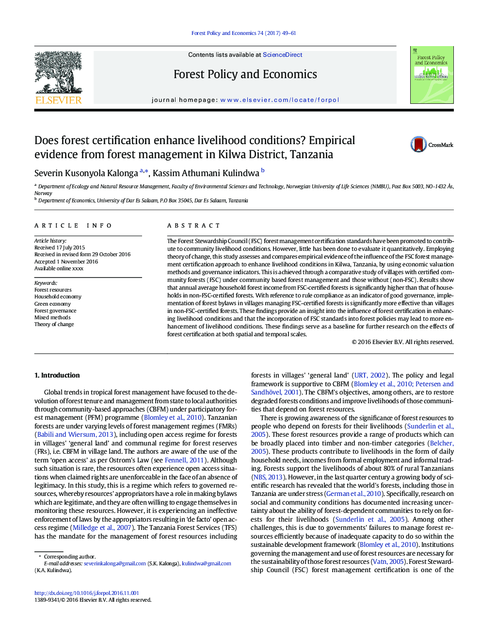 Does forest certification enhance livelihood conditions? Empirical evidence from forest management in Kilwa District, Tanzania