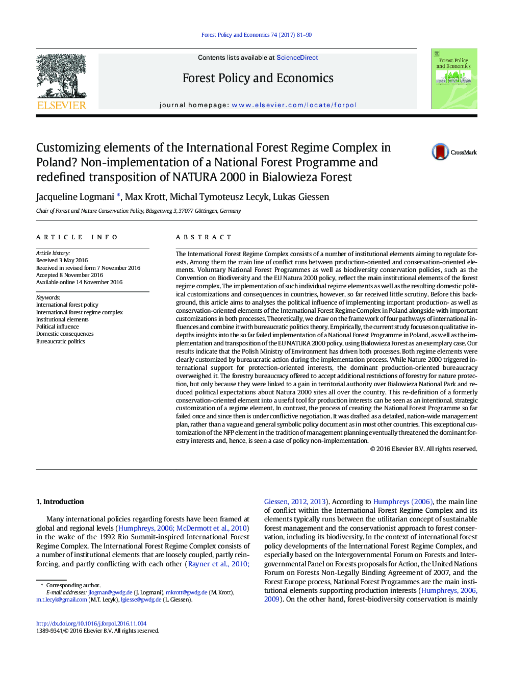 Customizing elements of the International Forest Regime Complex in Poland? Non-implementation of a National Forest Programme and redefined transposition of NATURA 2000 in Bialowieza Forest
