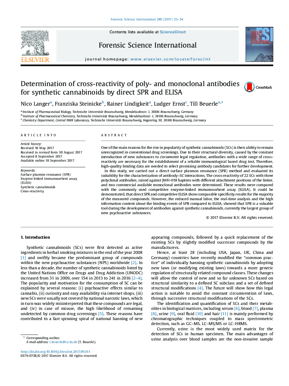 Determination of cross-reactivity of poly- and monoclonal antibodies for synthetic cannabinoids by direct SPR and ELISA