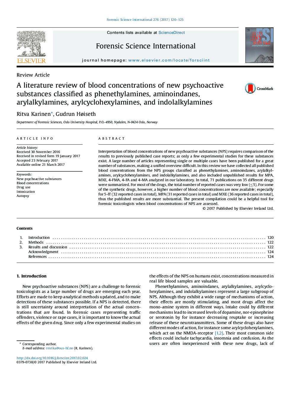 A literature review of blood concentrations of new psychoactive substances classified as phenethylamines, aminoindanes, arylalkylamines, arylcyclohexylamines, and indolalkylamines