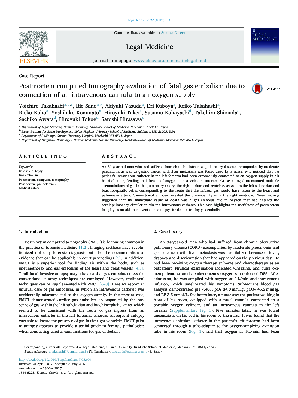 Postmortem computed tomography evaluation of fatal gas embolism due to connection of an intravenous cannula to an oxygen supply