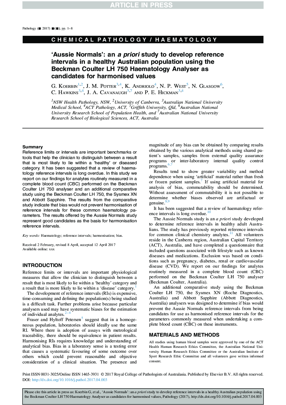 'Aussie Normals': an a priori study to develop reference intervals in a healthy Australian population using the Beckman Coulter LH 750 Haematology Analyser as candidates for harmonised values