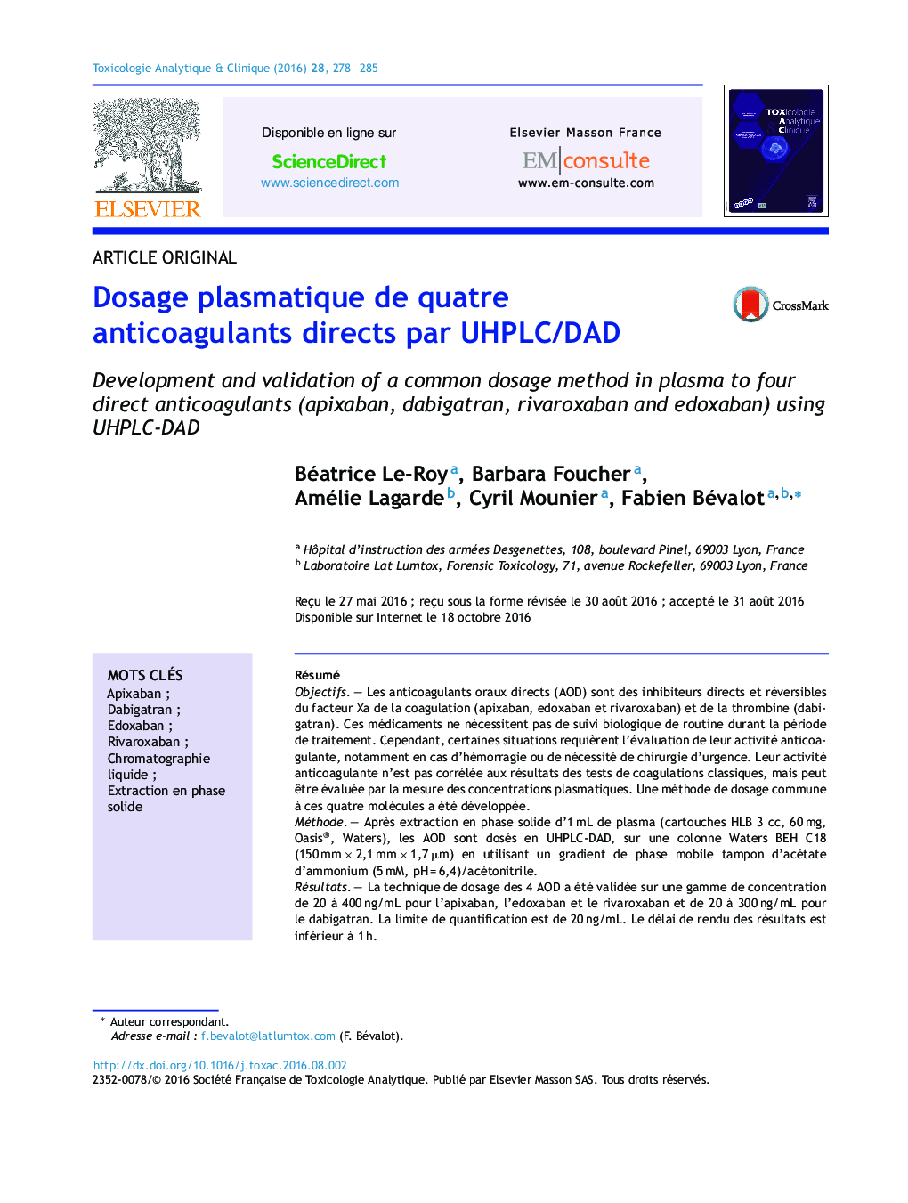 Dosage plasmatique de quatre anticoagulants directs par UHPLC/DAD