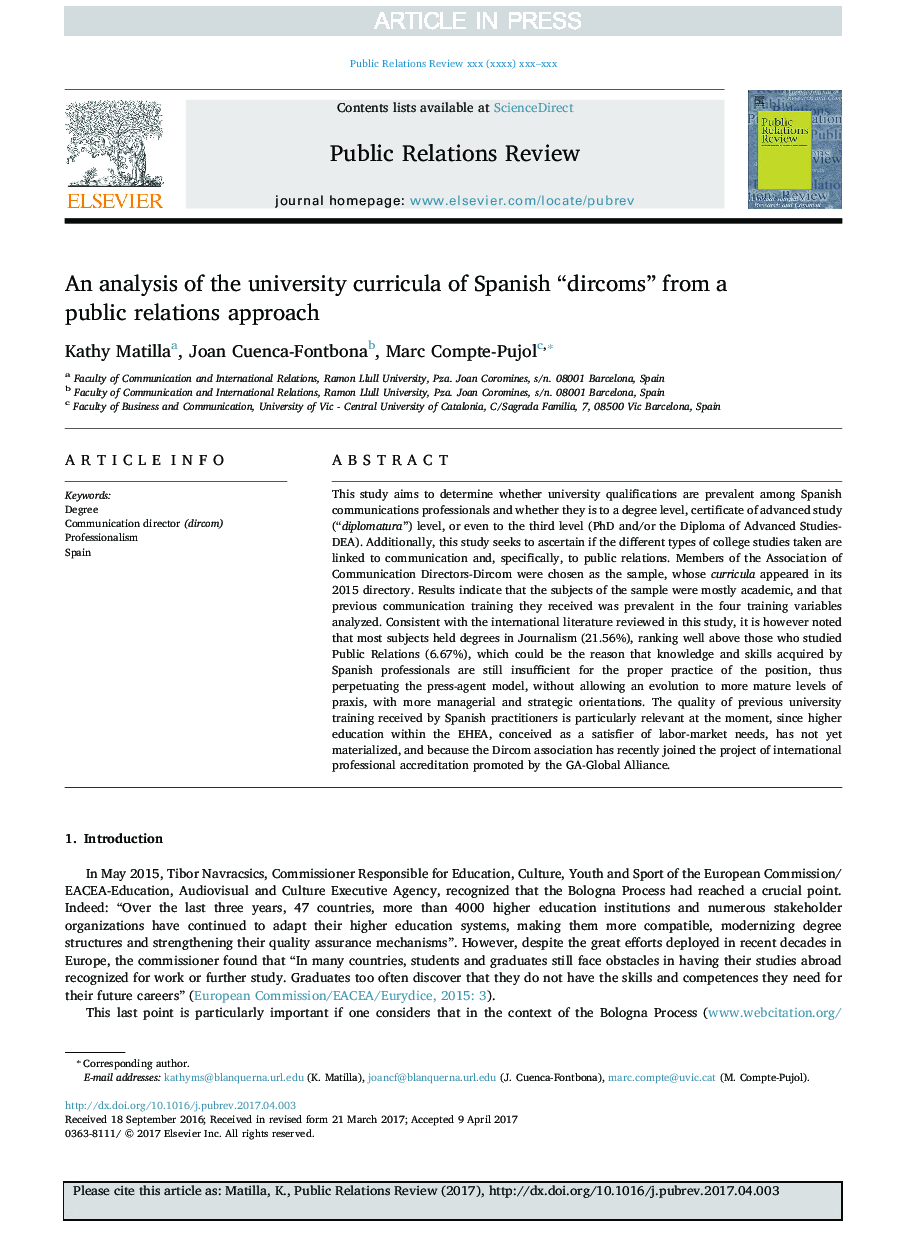 An analysis of the university curricula of Spanish “dircoms” from a public relations approach