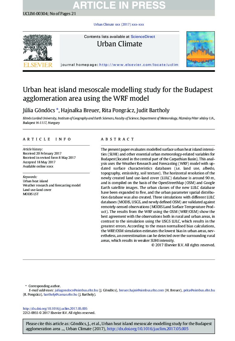 Urban heat island mesoscale modelling study for the Budapest agglomeration area using the WRF model