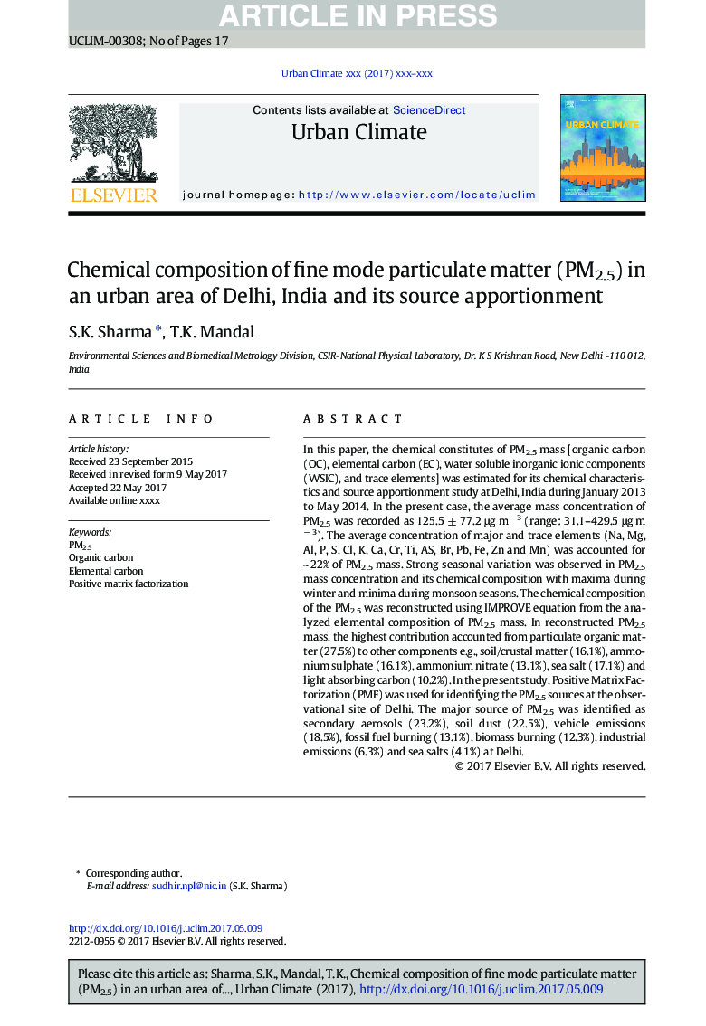 Chemical composition of fine mode particulate matter (PM2.5) in an urban area of Delhi, India and its source apportionment