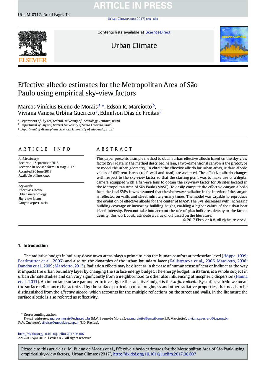Effective albedo estimates for the Metropolitan Area of SÃ£o Paulo using empirical sky-view factors