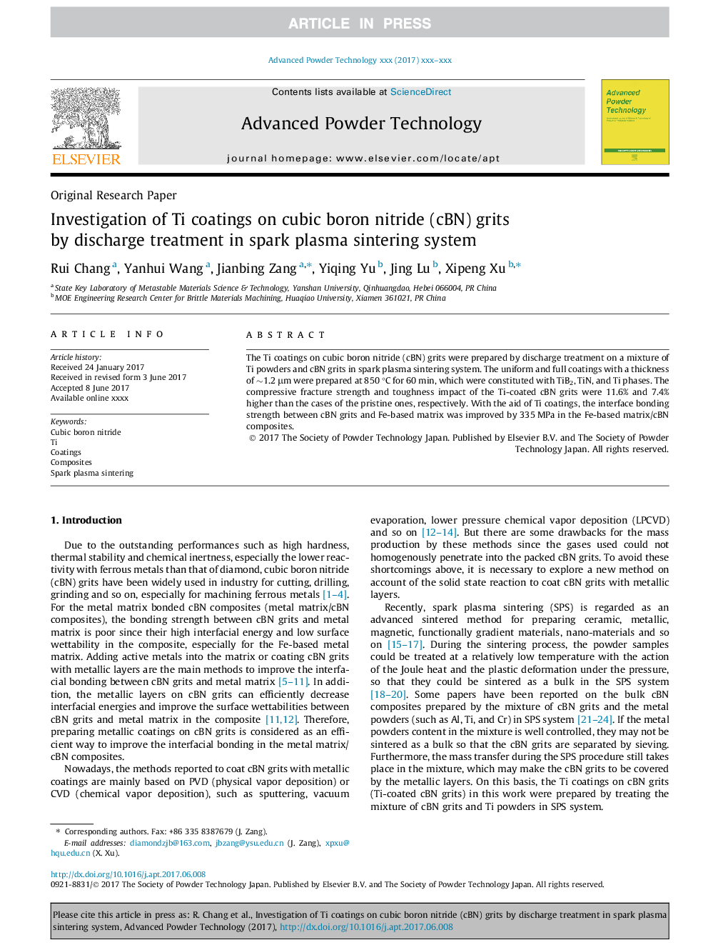 Investigation of Ti coatings on cubic boron nitride (cBN) grits by discharge treatment in spark plasma sintering system