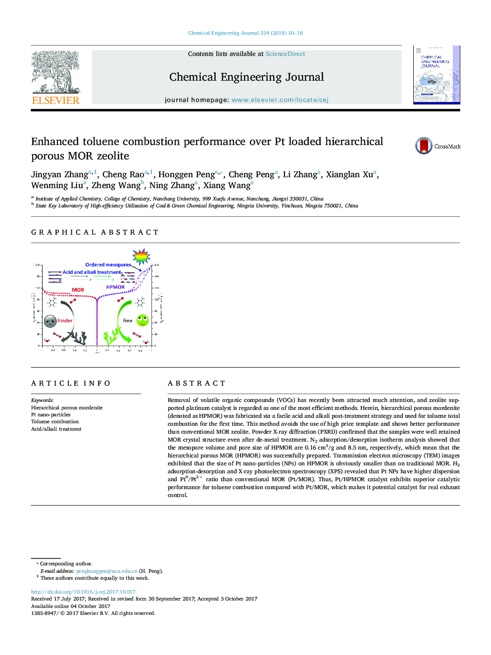 Enhanced toluene combustion performance over Pt loaded hierarchical porous MOR zeolite