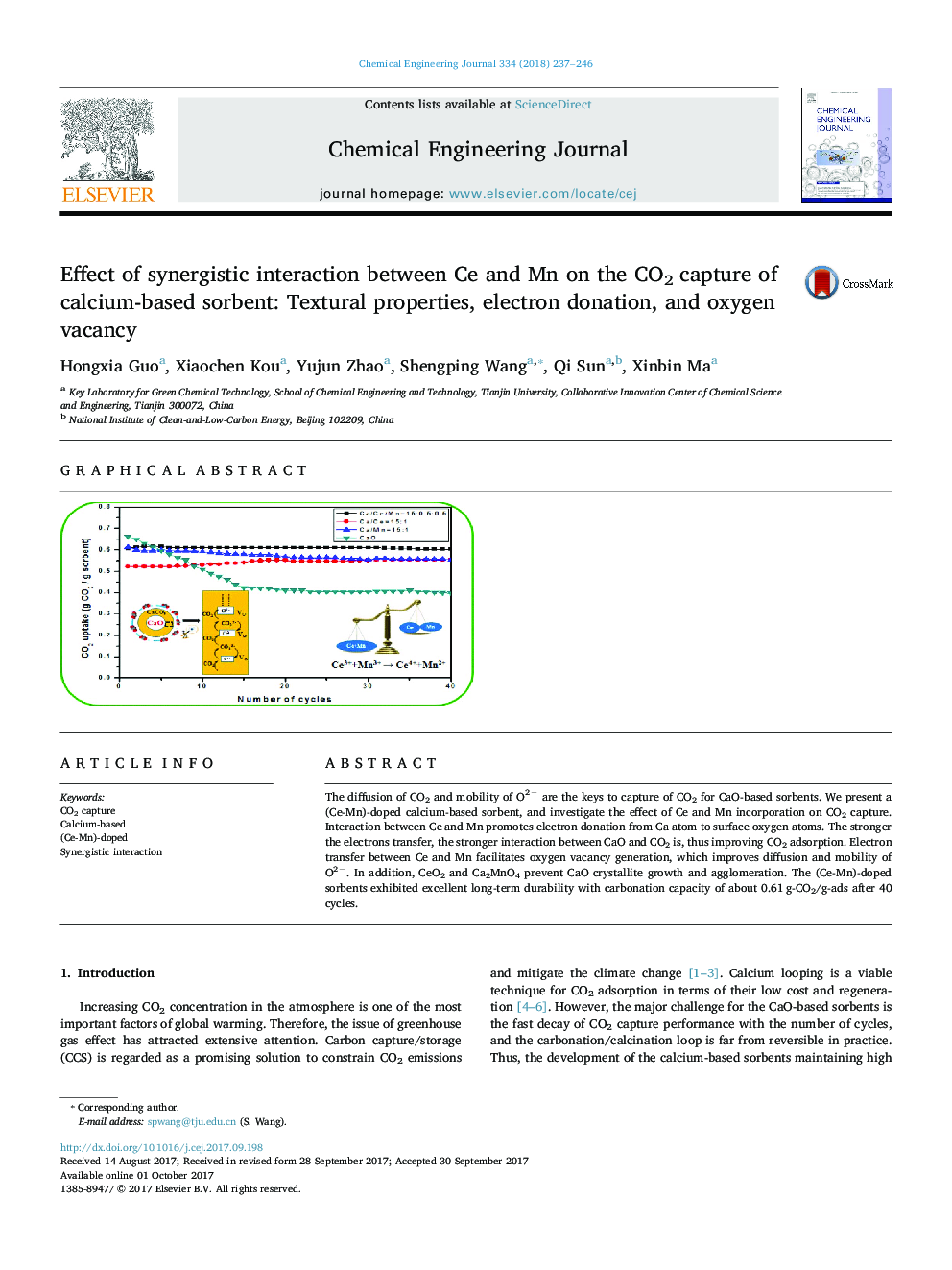 Effect of synergistic interaction between Ce and Mn on the CO2 capture of calcium-based sorbent: Textural properties, electron donation, and oxygen vacancy