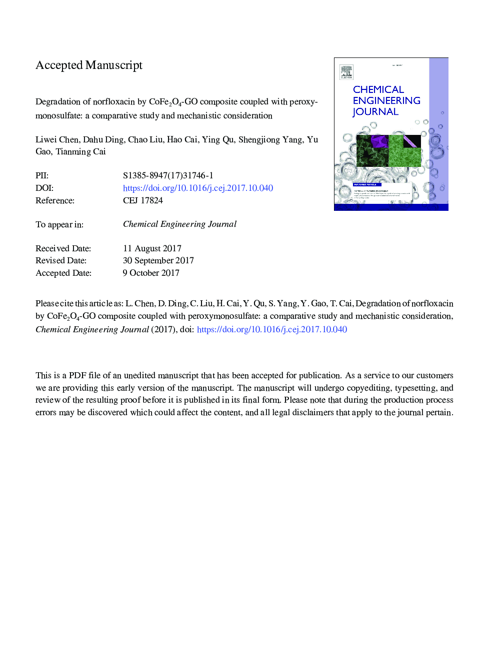 Degradation of norfloxacin by CoFe2O4-GO composite coupled with peroxymonosulfate: A comparative study and mechanistic consideration