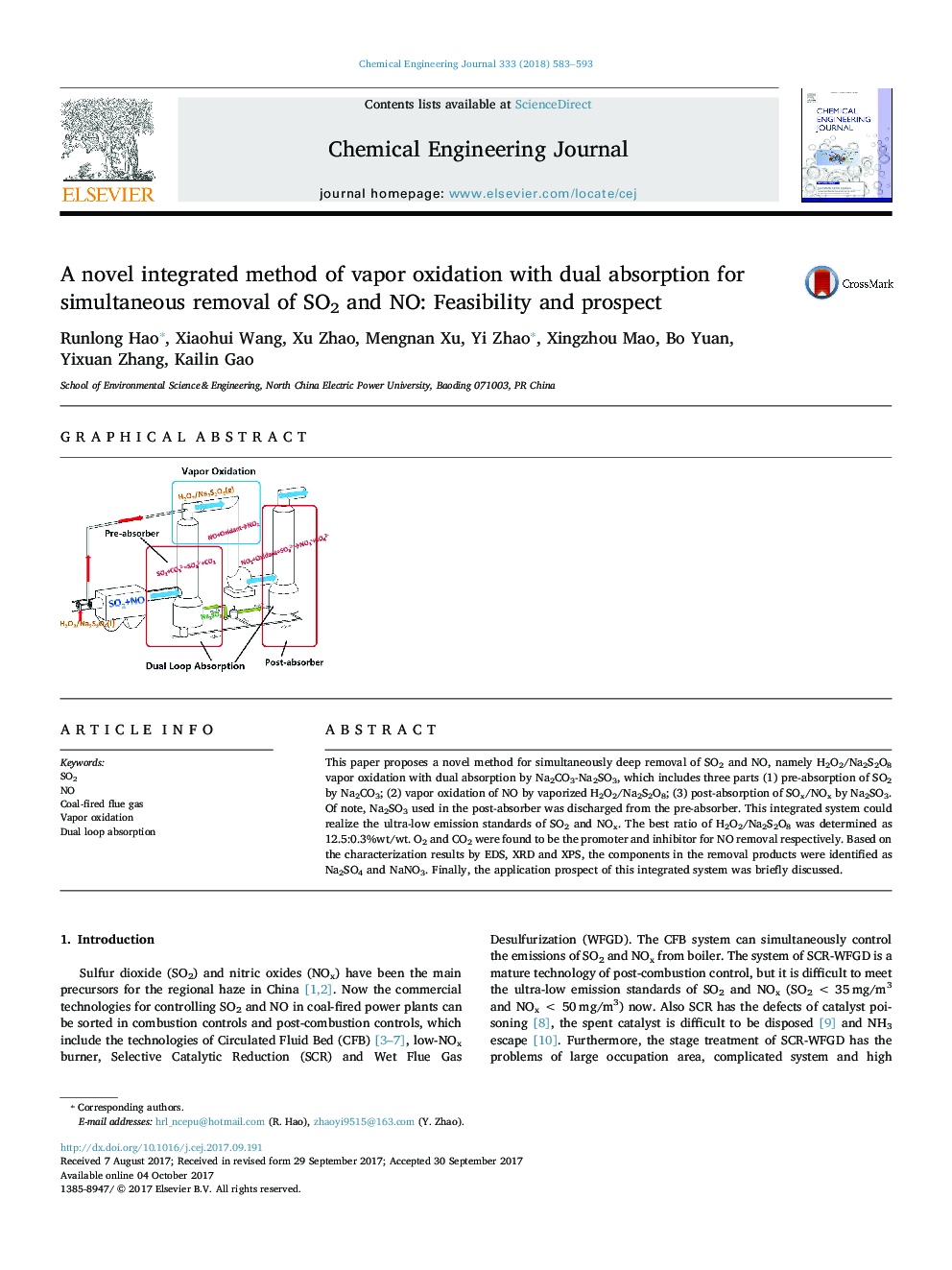 A novel integrated method of vapor oxidation with dual absorption for simultaneous removal of SO2 and NO: Feasibility and prospect