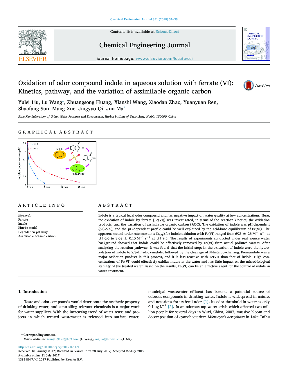 Oxidation of odor compound indole in aqueous solution with ferrate (VI): Kinetics, pathway, and the variation of assimilable organic carbon