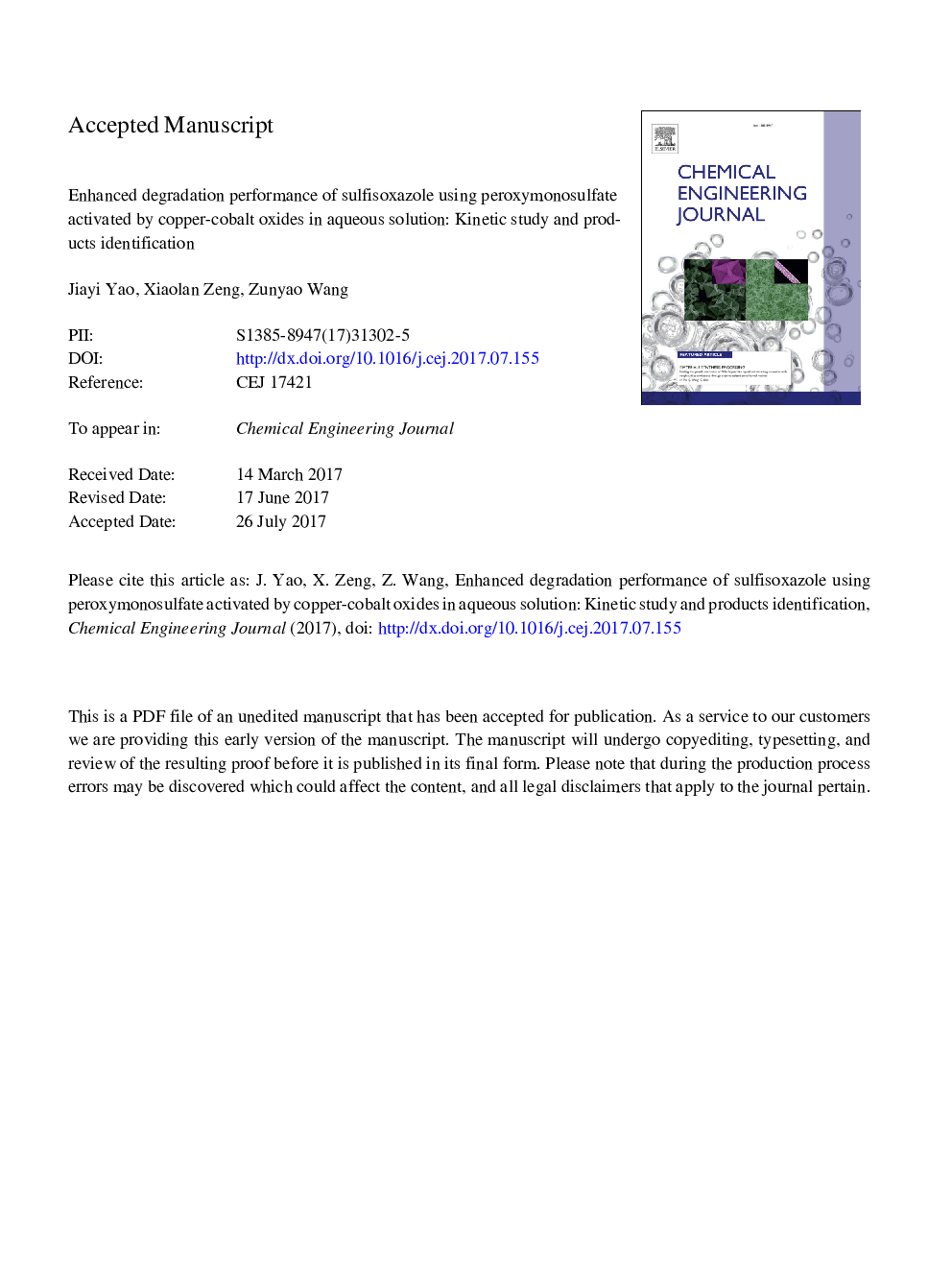 عملکرد تخریب پیشرفته سولفیسکسازول با استفاده از پراکسیمنسوفلافت فعال شده توسط اکسید مس-کبالت در محلول آبی: مطالعه جنبشی و شناسایی محصولات 