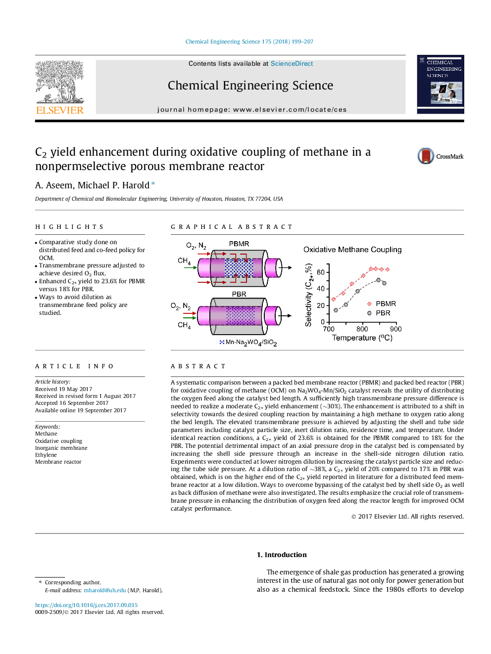 C2 yield enhancement during oxidative coupling of methane in a nonpermselective porous membrane reactor