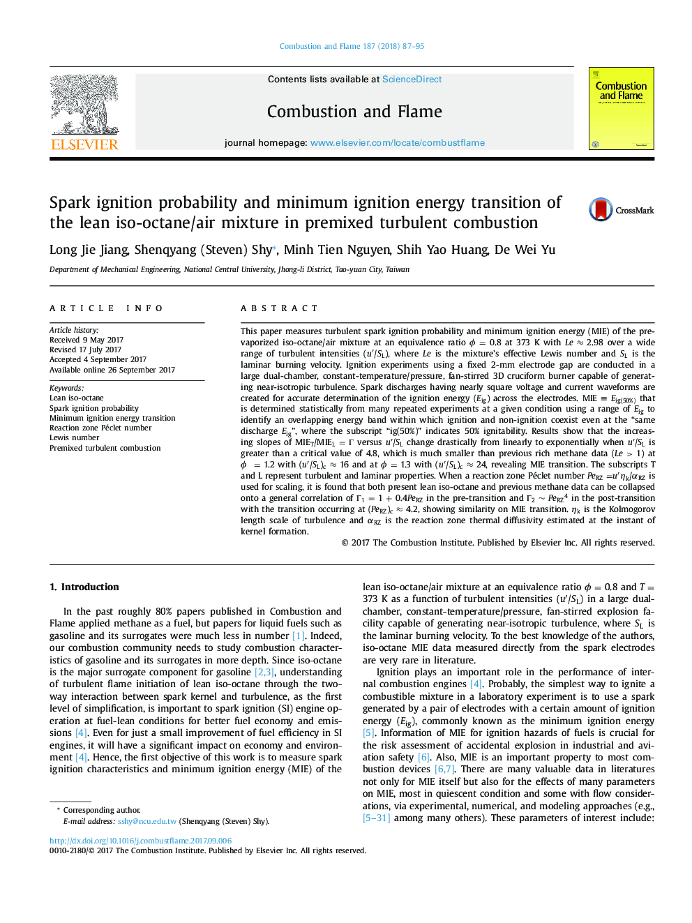 احتمال احتراق جرقه و انتقال انرژی احتراق حداقلی از مخلوط ایزواکتان/هوا ناب در احتراق متلاطم پیش اختلاط