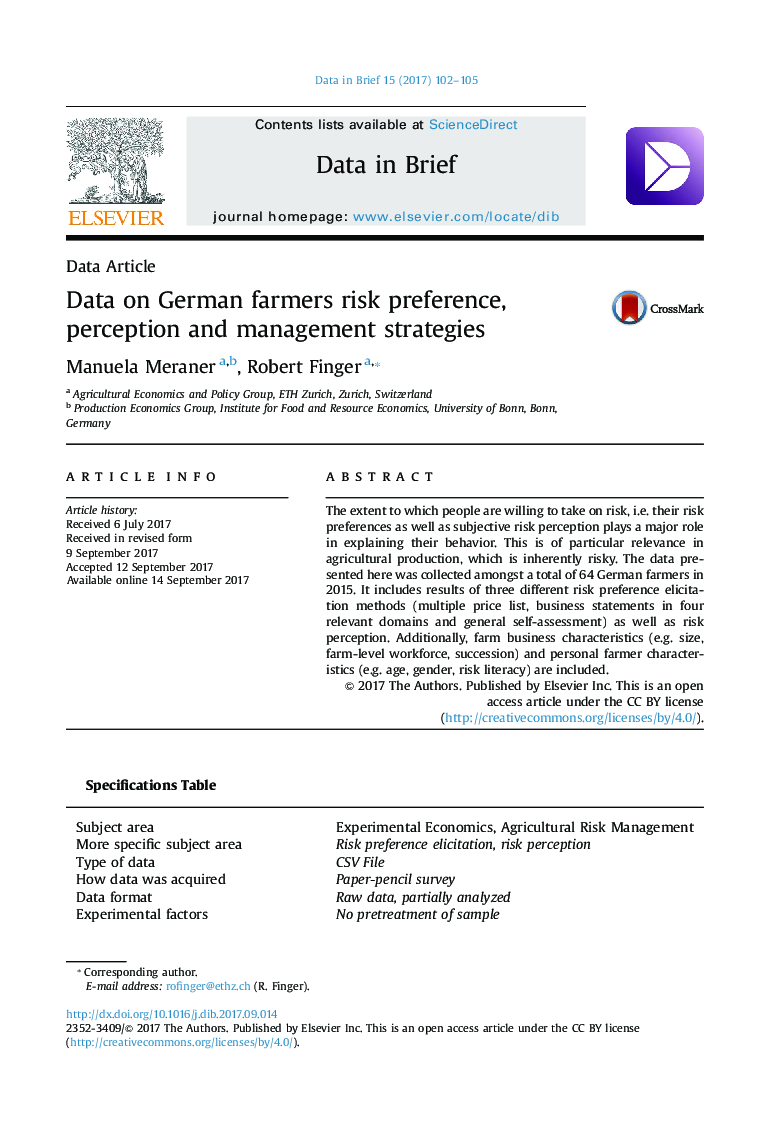 Data ArticleData on German farmers risk preference, perception and management strategies