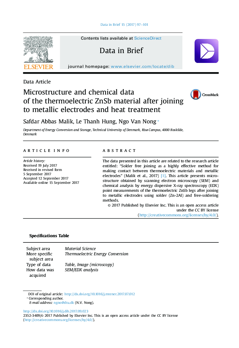 Microstructure and chemical data of the thermoelectric ZnSb material after joining to metallic electrodes and heat treatment