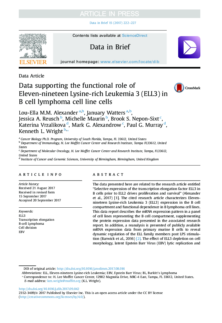Data supporting the functional role of Eleven-nineteen Lysine-rich Leukemia 3 (ELL3) in B cell lymphoma cell line cells