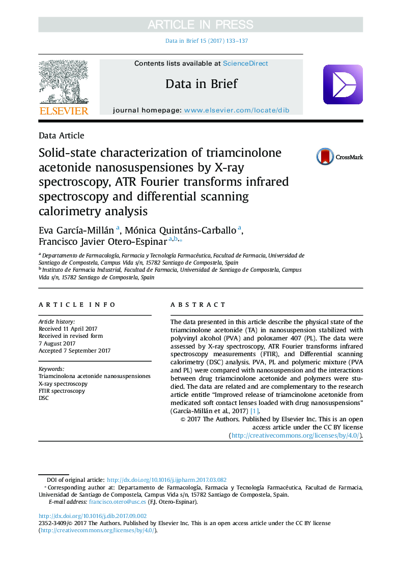 Data ArticleSolid-state characterization of triamcinolone acetonide nanosuspensiones by X-ray spectroscopy, ATR Fourier transforms infrared spectroscopy and differential scanning calorimetry analysis