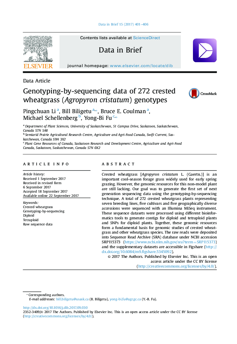 Genotyping-by-sequencing data of 272 crested wheatgrass (Agropyron cristatum) genotypes