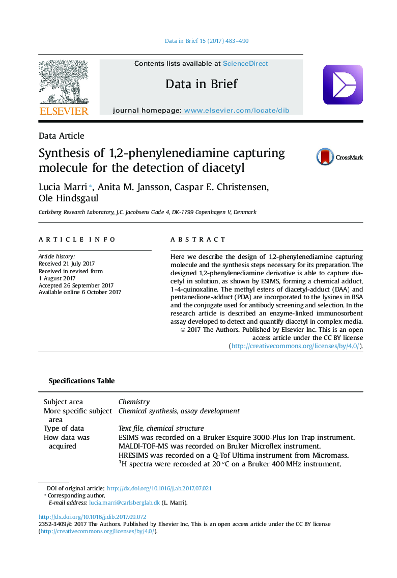 Data ArticleSynthesis of 1,2-phenylenediamine capturing molecule for the detection of diacetyl