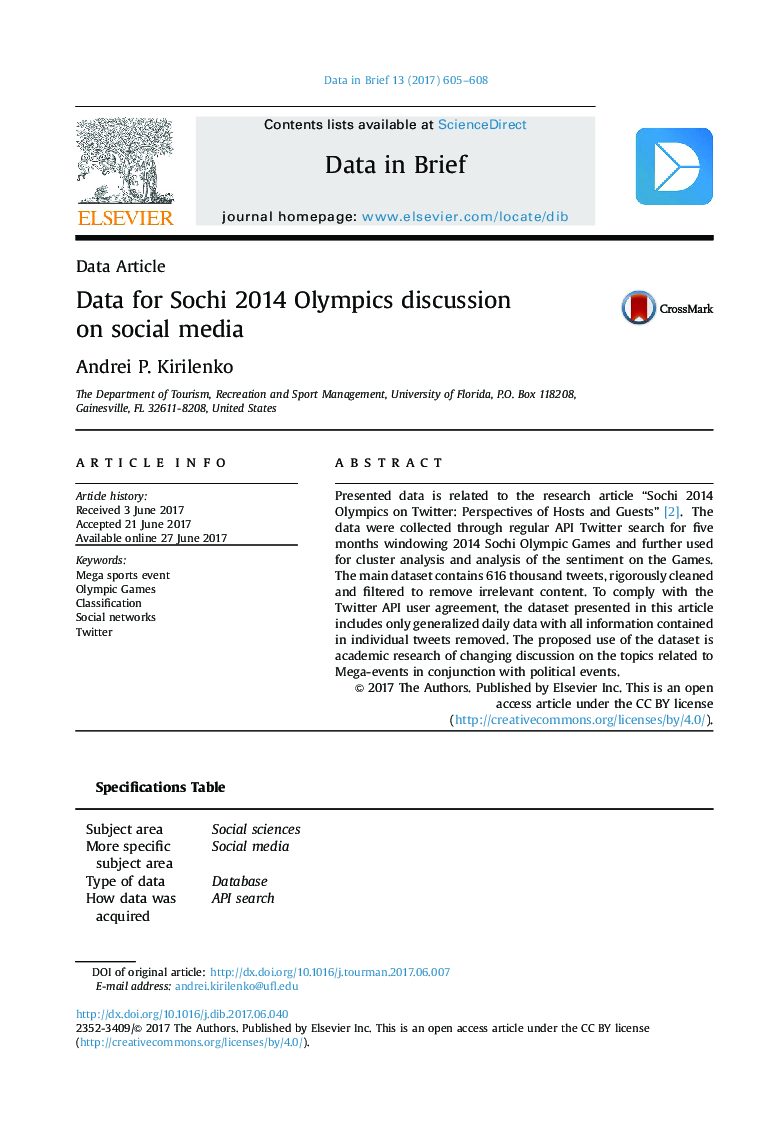 Data ArticleData for Sochi 2014 Olympics discussion on social media