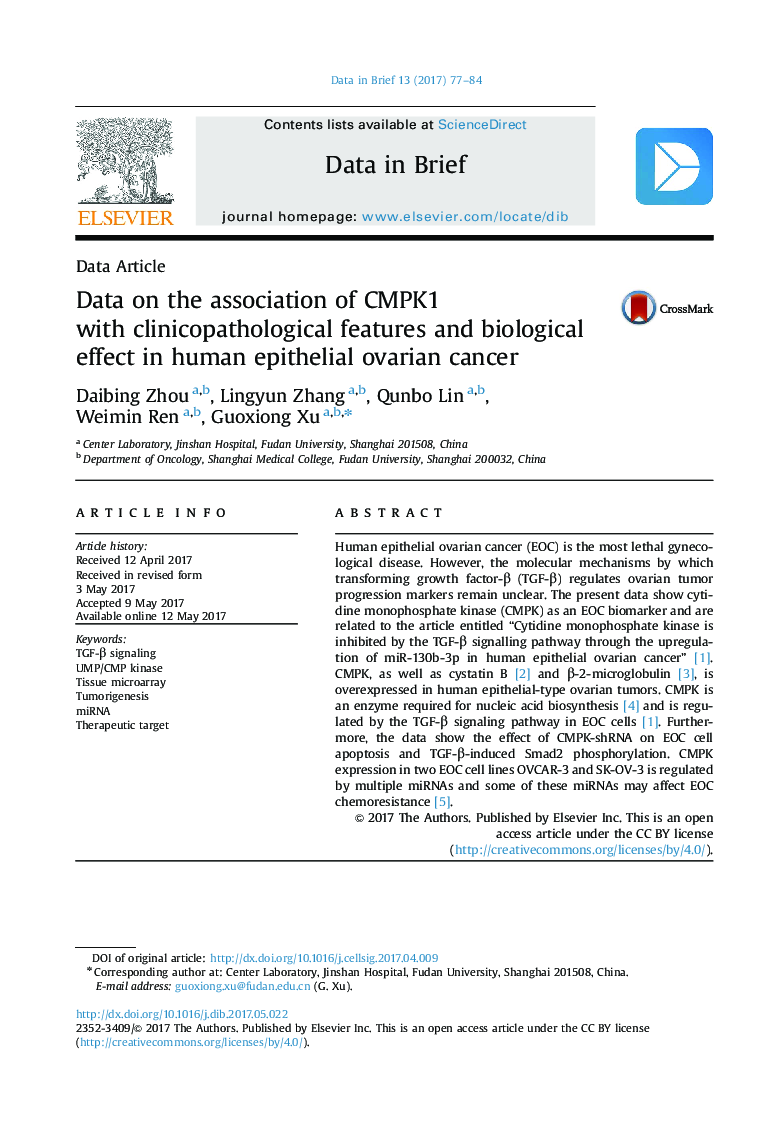 Data on the association of CMPK1 with clinicopathological features and biological effect in human epithelial ovarian cancer