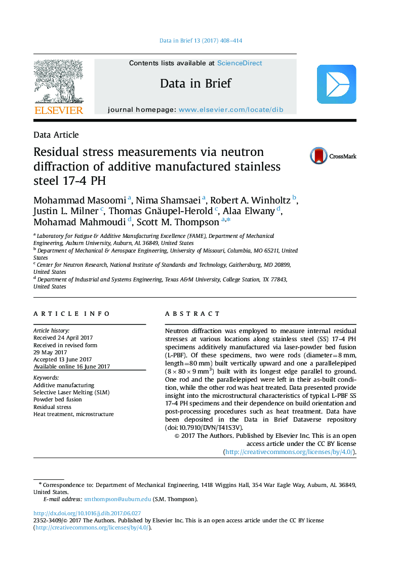 Residual stress measurements via neutron diffraction of additive manufactured stainless steel 17-4 PH