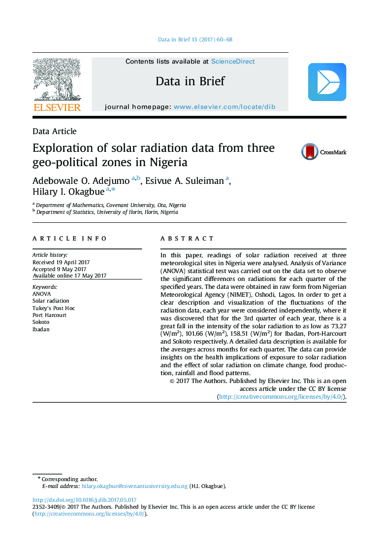 اکتشاف داده های تابش خورشید از سه منطقه جغرافیایی در نیجریه 