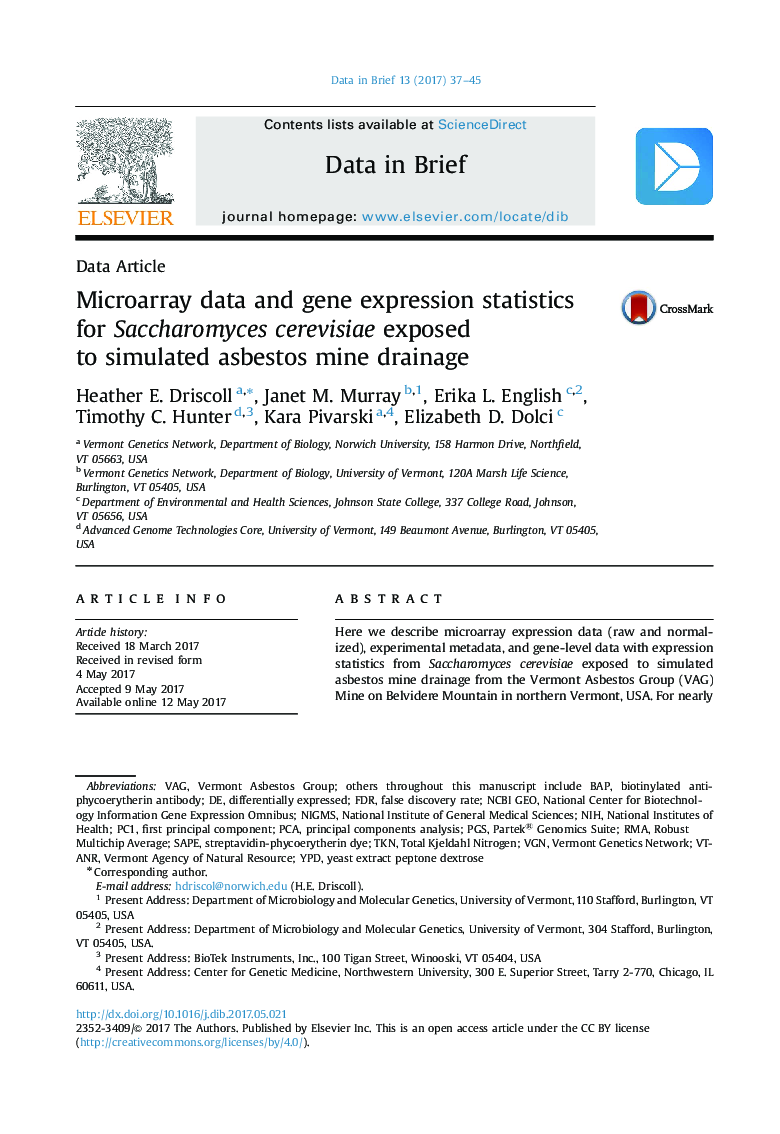 Microarray data and gene expression statistics for Saccharomyces cerevisiae exposed to simulated asbestos mine drainage
