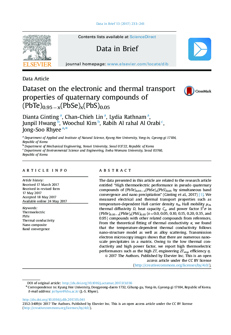 Dataset on the electronic and thermal transport properties of quaternary compounds of (PbTe)0.95âx(PbSe)x(PbS)0.05