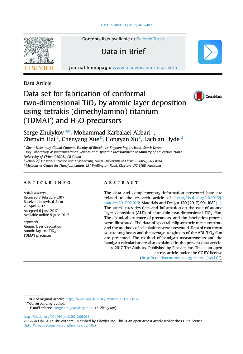 Data ArticleData set for fabrication of conformal two-dimensional TiO2 by atomic layer deposition using tetrakis (dimethylamino) titanium (TDMAT) and H2O precursors