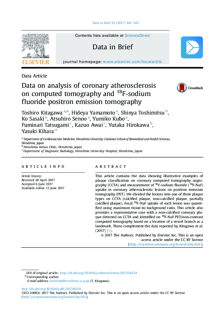 Data ArticleData on analysis of coronary atherosclerosis on computed tomography and 18F-sodium fluoride positron emission tomography