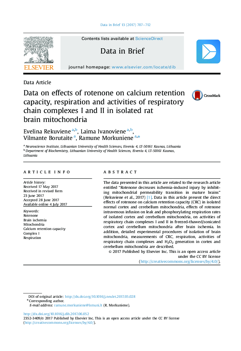 Data on effects of rotenone on calcium retention capacity, respiration and activities of respiratory chain complexes I and II in isolated rat brain mitochondria