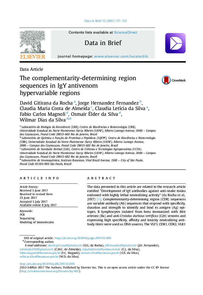 Data ArticleThe complementarity-determining region sequences in IgY antivenom hypervariable regions